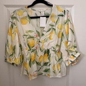 H&M Lemon Patterned Blouse with Green Accents